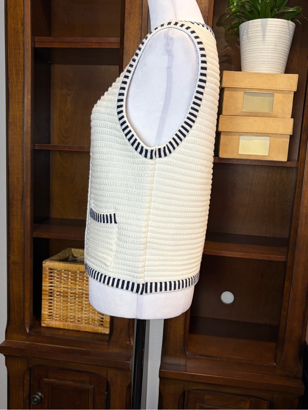 Joie Navy Ivory Textured Knit Sweater Vest Gold Button Coastal Chic | M - Picture 3 of 11